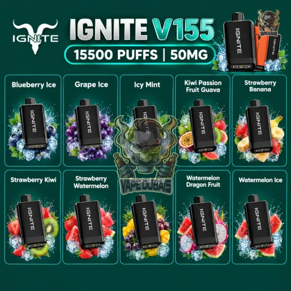 Buy the Ignite V155 15500 puffs 50mg disposable vape in Dubai and UAE. Ten flavors, Boost and Eco modes, 100% genuine, fast delivery.