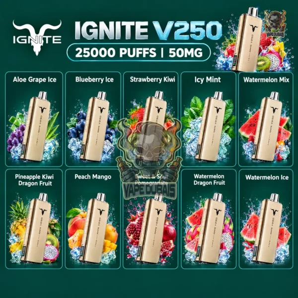 Buy the Ignite V250 25000 puffs 50mg disposable vape in Dubai, UAE. 10 flavors, 100% genuine, express delivery in Dubai, Ajman, and Sharjah.